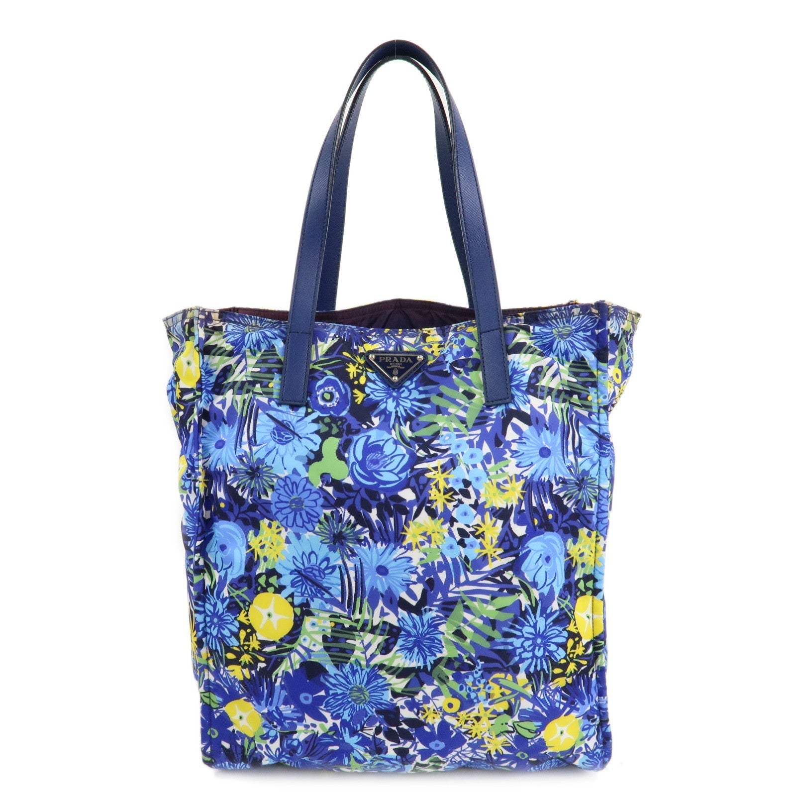 PRADA Logo Nylon Leather Tote Bag Floral Print Blue