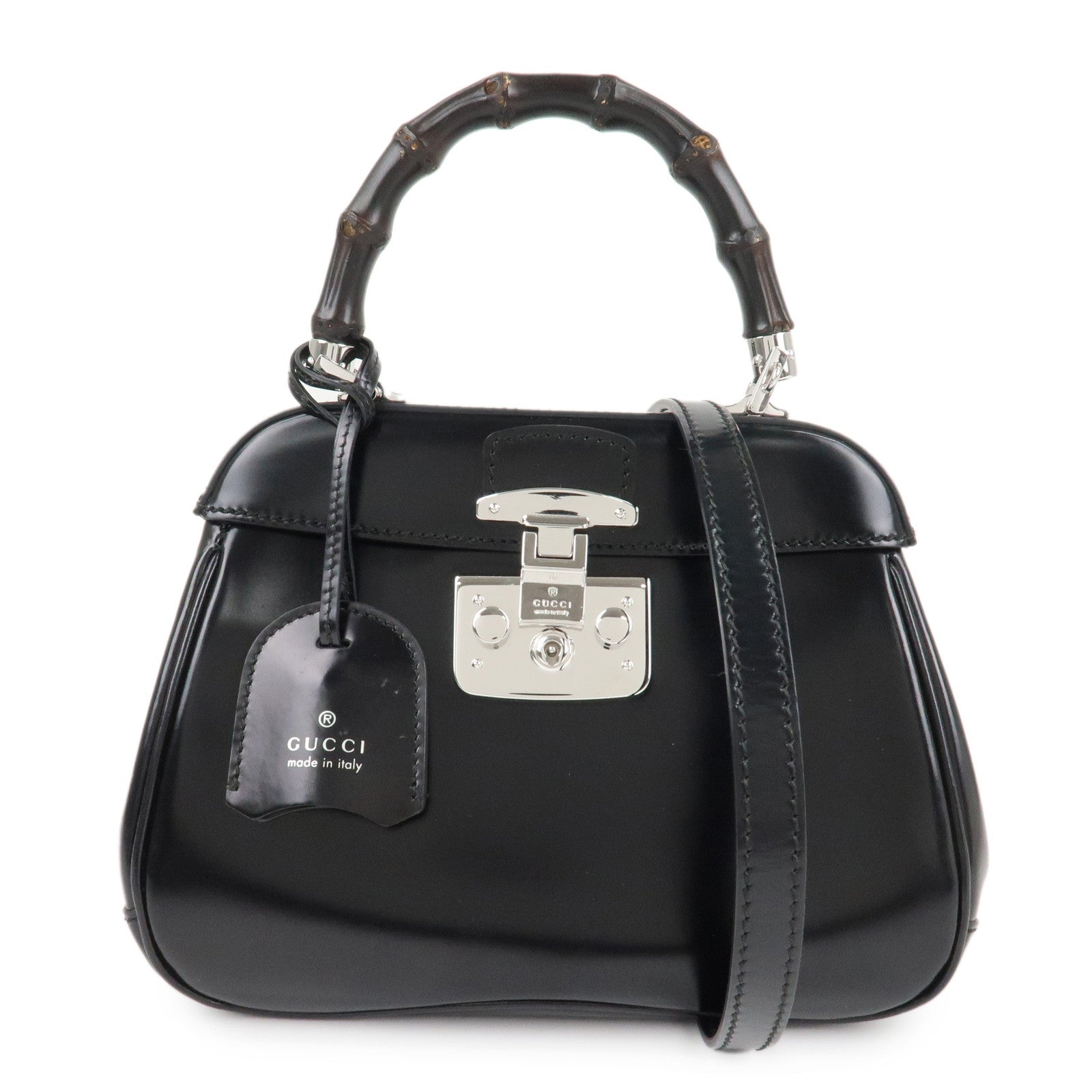 GUCCI Bamboo Leather 2Way Bag Hand Bag Black Handbag 353522