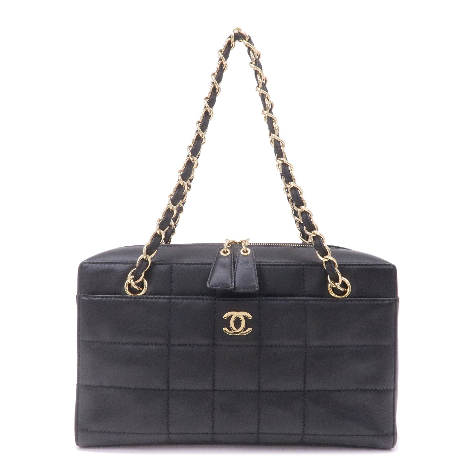 CHANEL Chocolate Bar Lamb Skin Chain Shoulder Bag Black