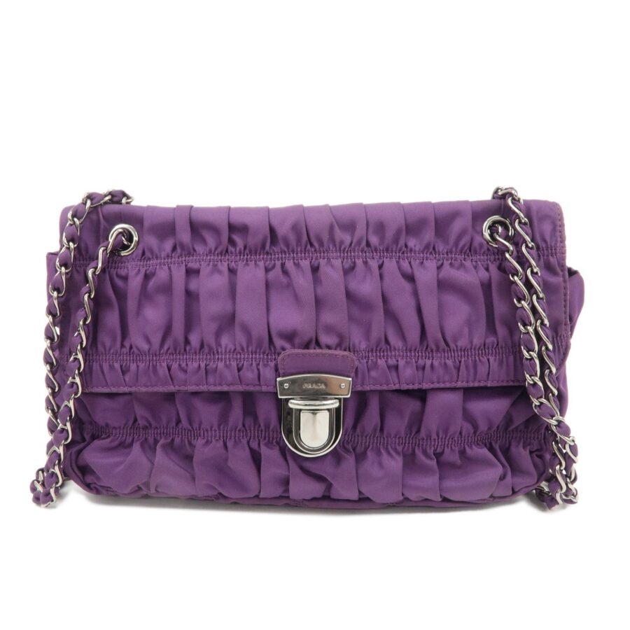 PRADA Nylon Leather Gathered Shoulder Bag Purple | Studio Nafay