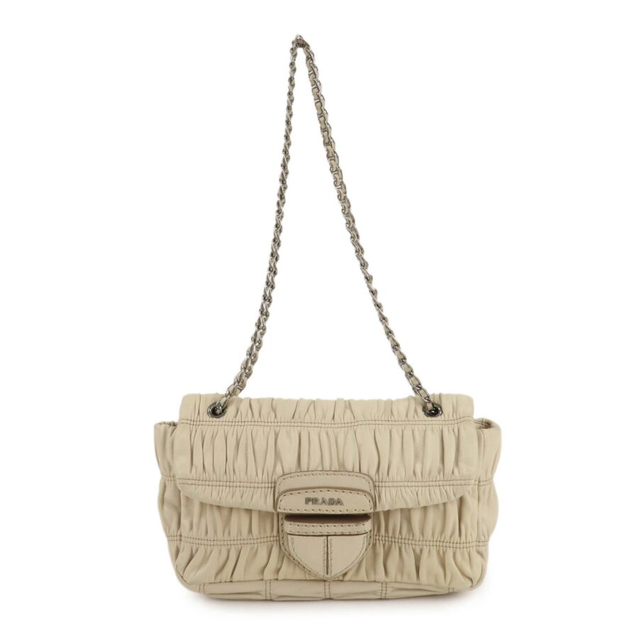 PRADA Leather Gathered Chain Shoulder Bag Ivory | Studio Nafay