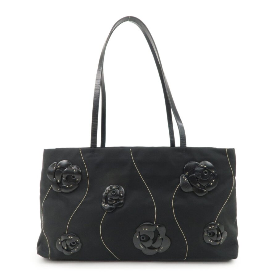 PRADA Traiangle Logo Nylon Leather Flower Tote Bag Black | Studio Nafay