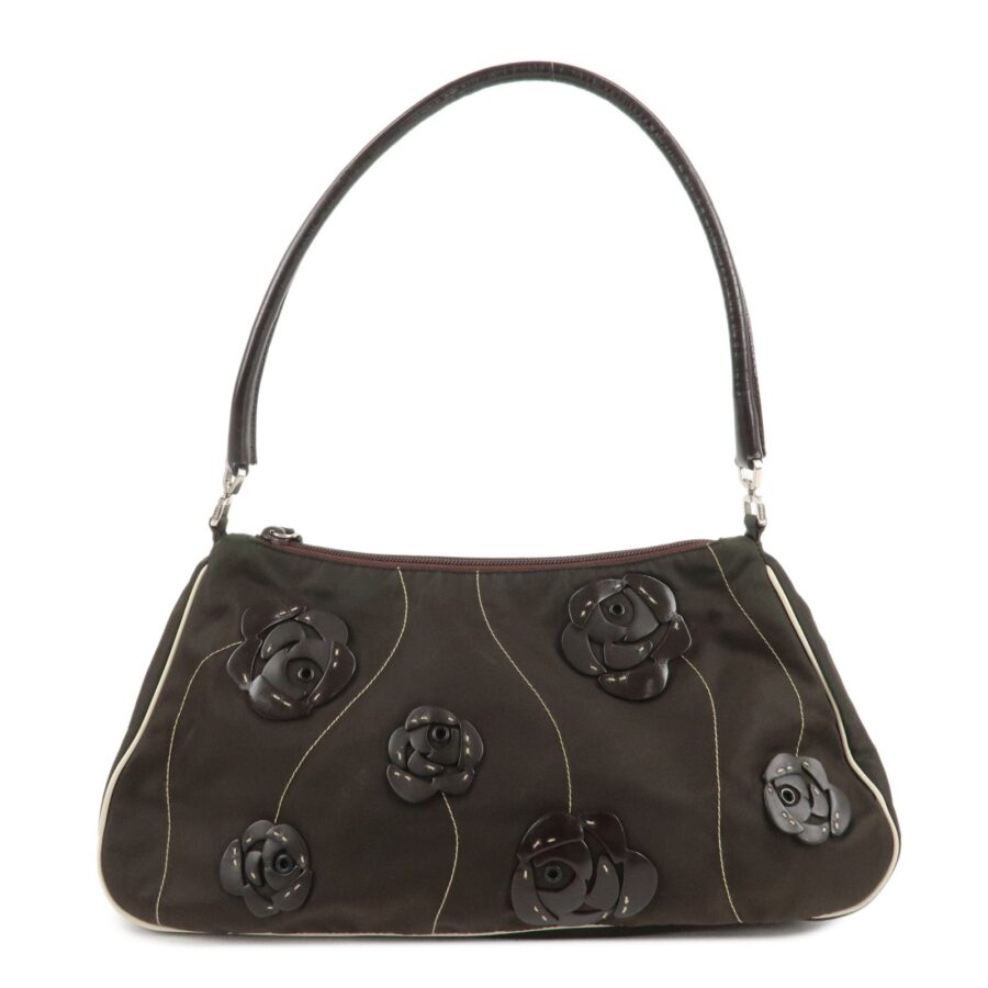 PRADA Nylon Leather Shoulder Bag Flower Motif Green Brown | Studio Nafay
