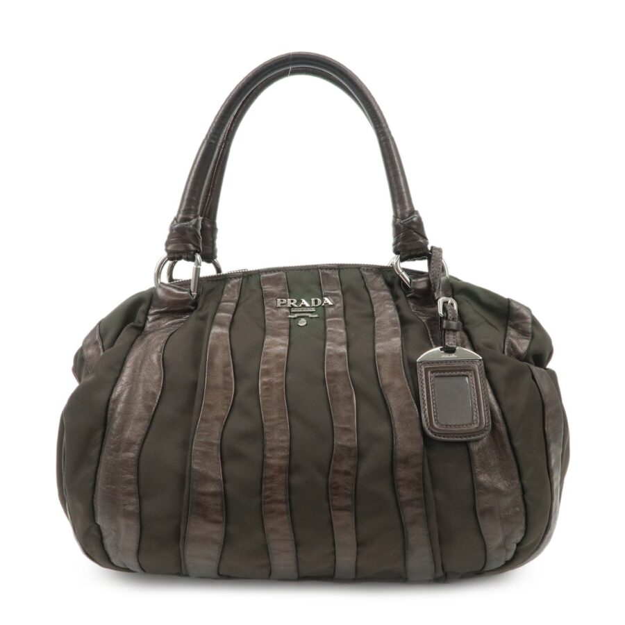 PRADA Logo Nylon Leather Stripe Tote Bag Hand Bag Brown | Studio Nafay