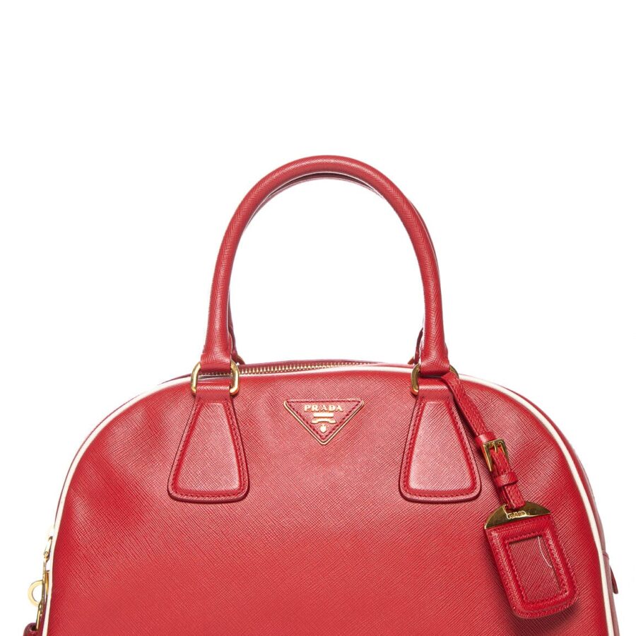 Prada Red & Gold Saffiano Bowling Handbag | Studio Nafay