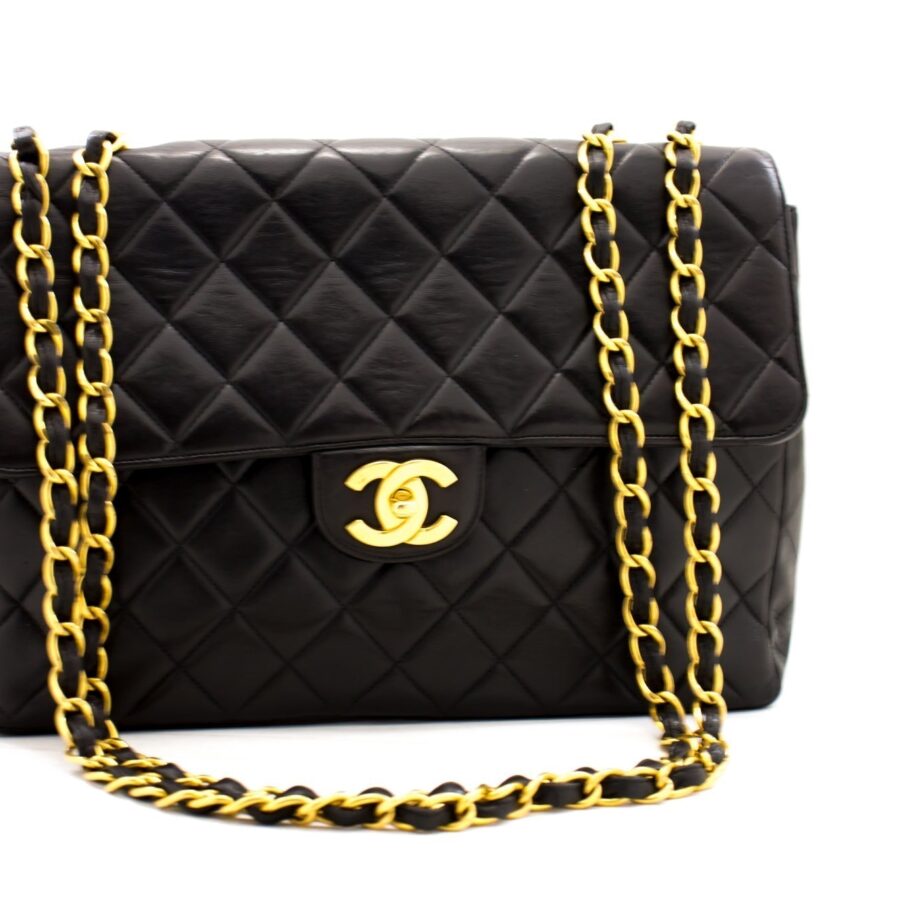 CHANEL Jumbo 11" Large Chain Shoulder Bag Flap Black Lambskin Gold f35 | Studio Nafay