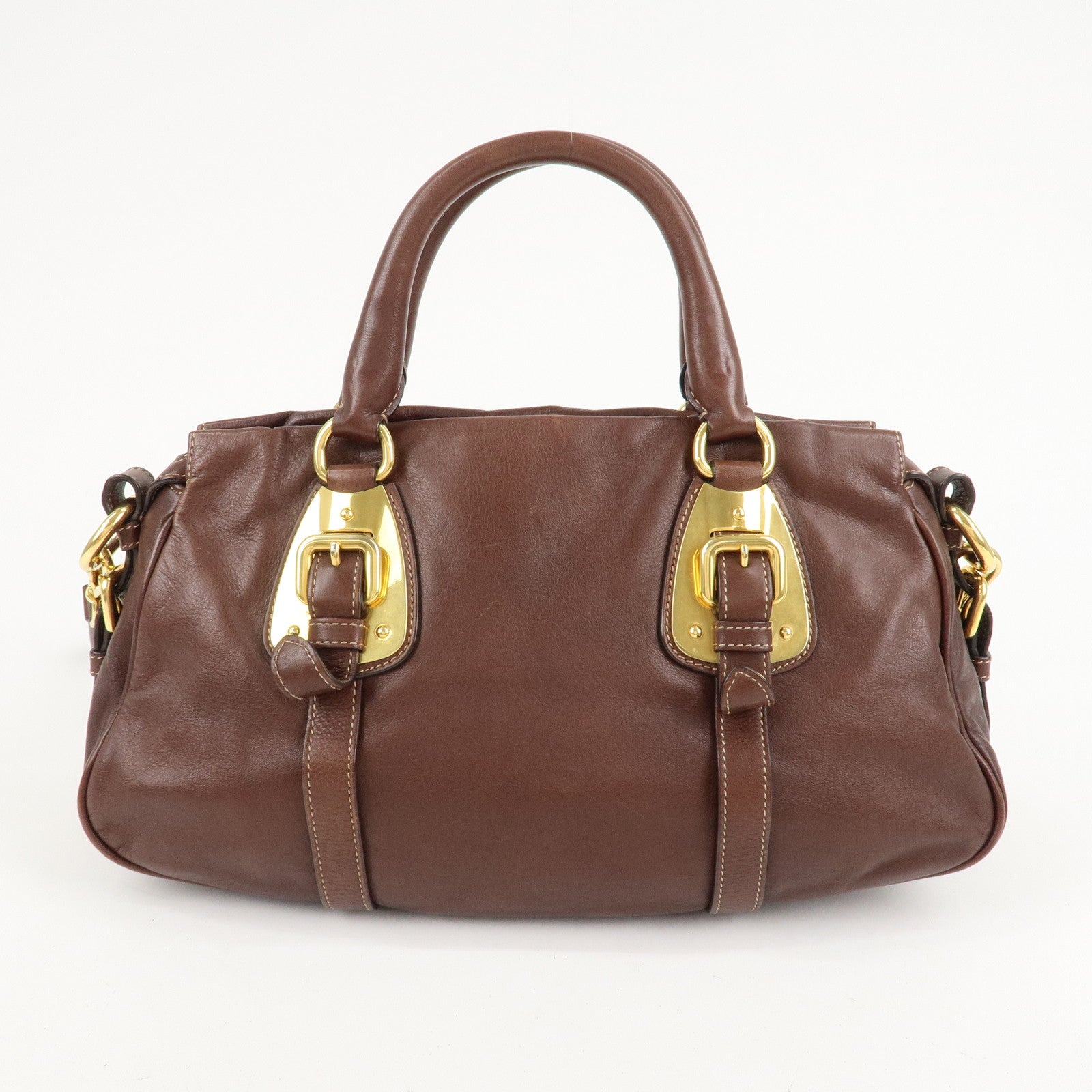 PRADA Leather 2Way Bag Shoulder Bag Hand Bag Brown