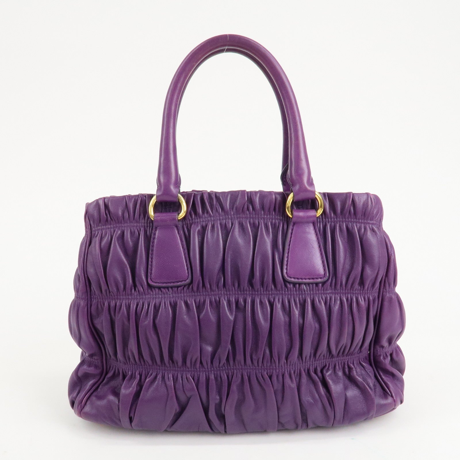 PRADA Leather Gathered Hand Bag Purple Gold Hardware