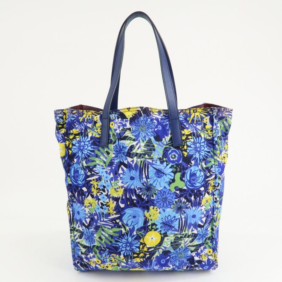PRADA Logo Nylon Leather Tote Bag Floral Print Blue | Studio Nafay