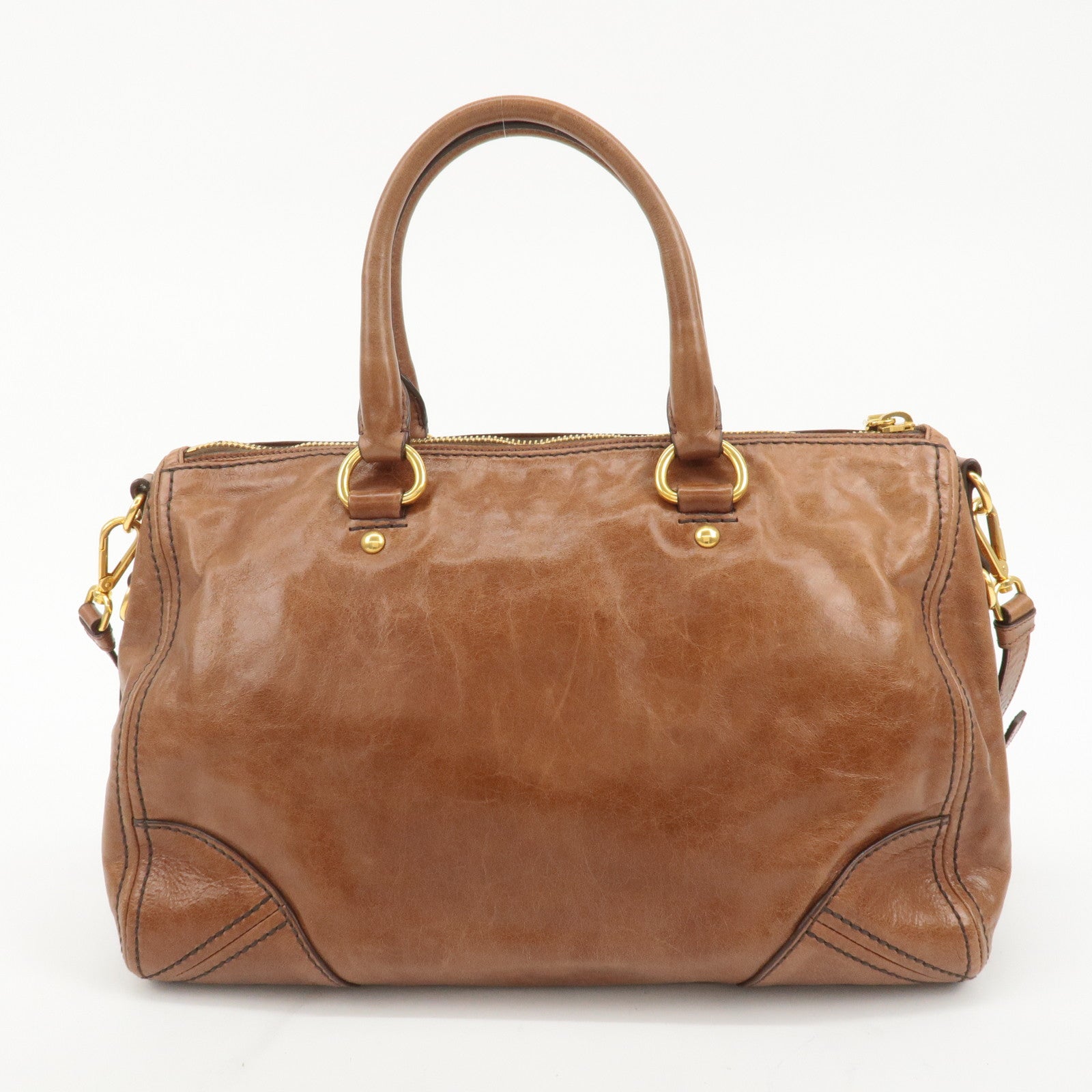 PRADA Logo Leather 2way Hand Bag Shoulder Bag Brown