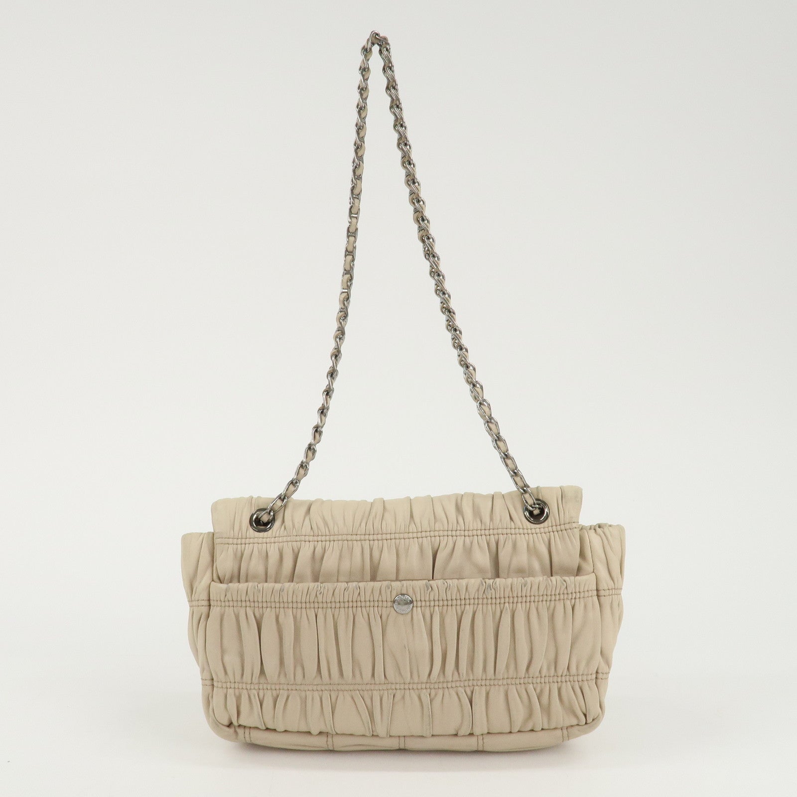 PRADA Leather Gathered Chain Shoulder Bag Ivory