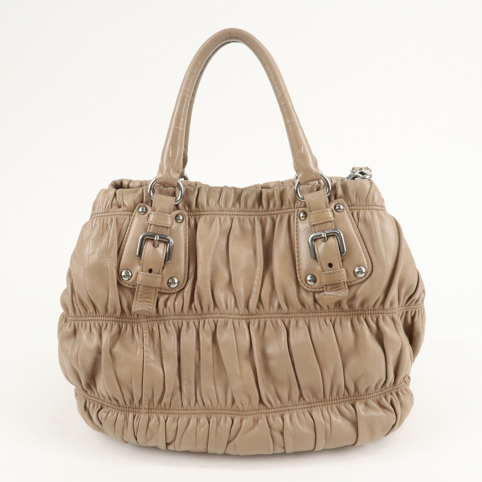 PRADA Leather 2Way Hand Bag Shoulder Bag Beige