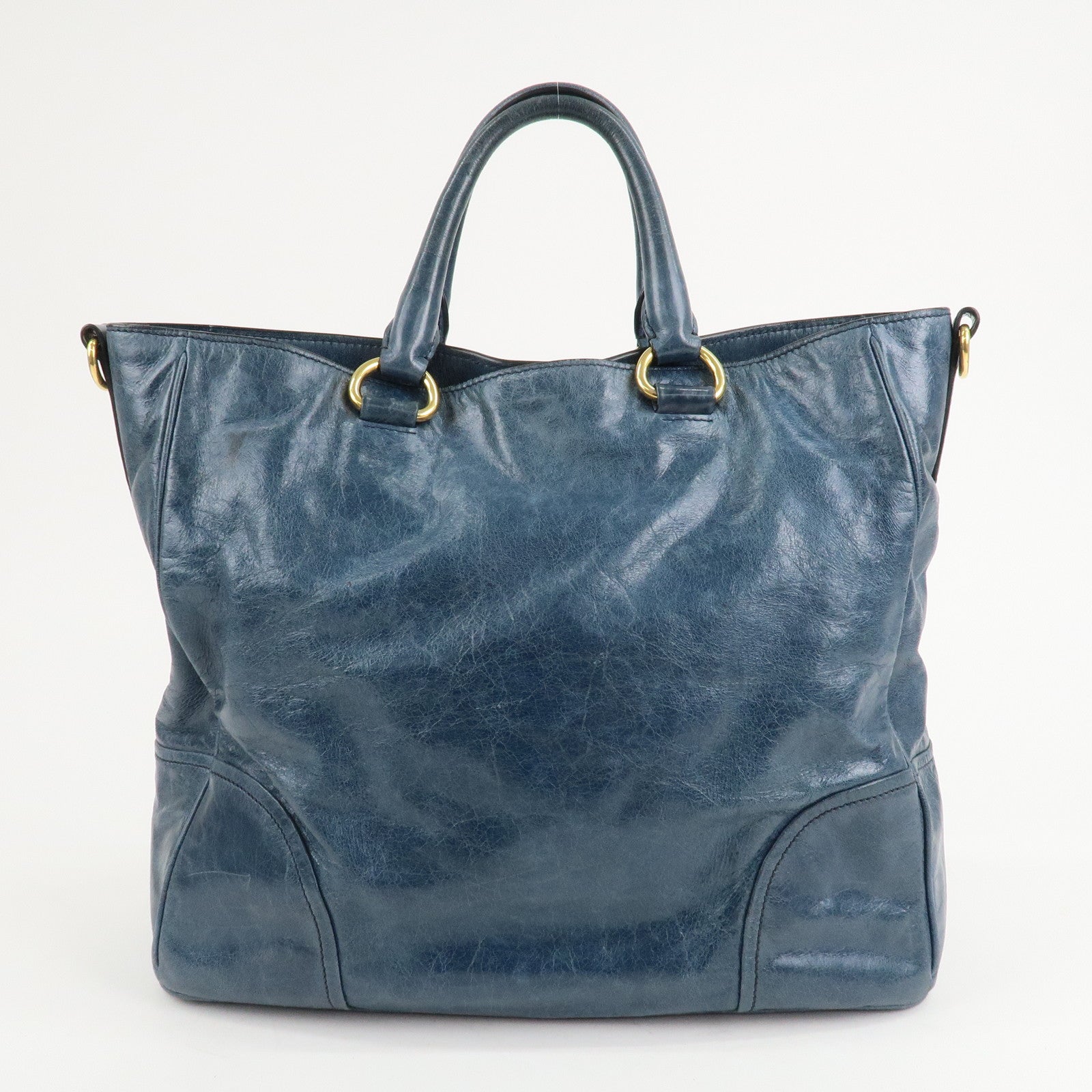 PRADA Leather 2Way Bag Hand Bag Shoulder Bag Blue