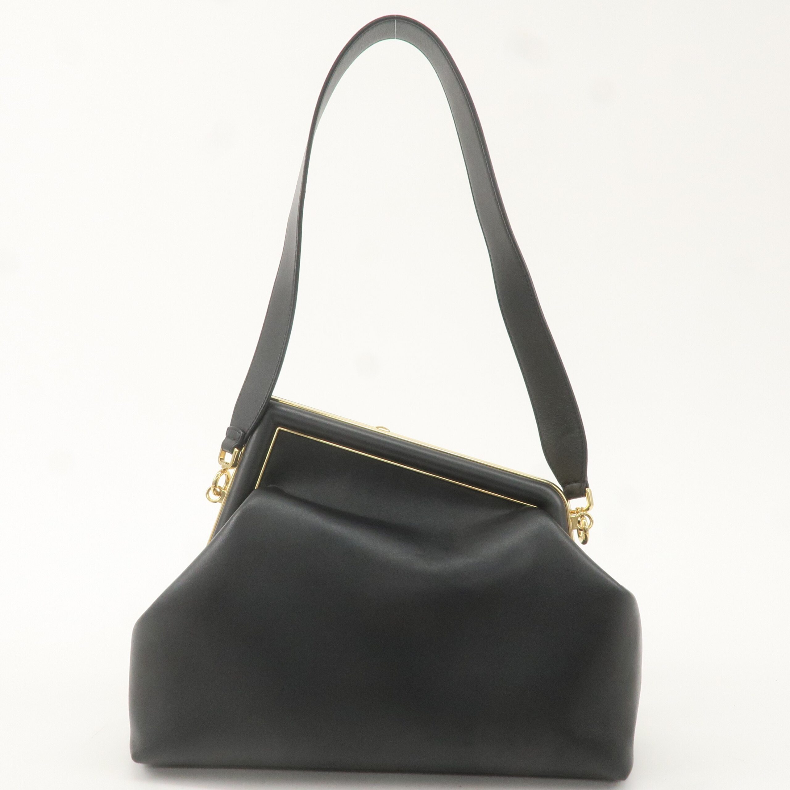 FENDI Leather First Medium 2Way Clutch Shoulder Bag Black