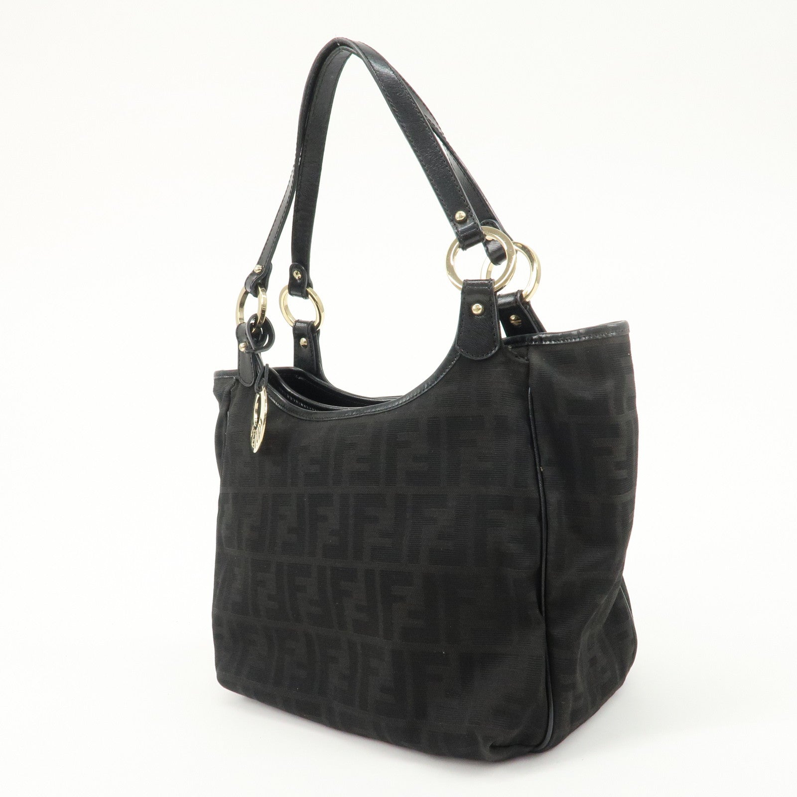 FENDI Zucca Canvas Leather Tote Bag Hand Bag Black