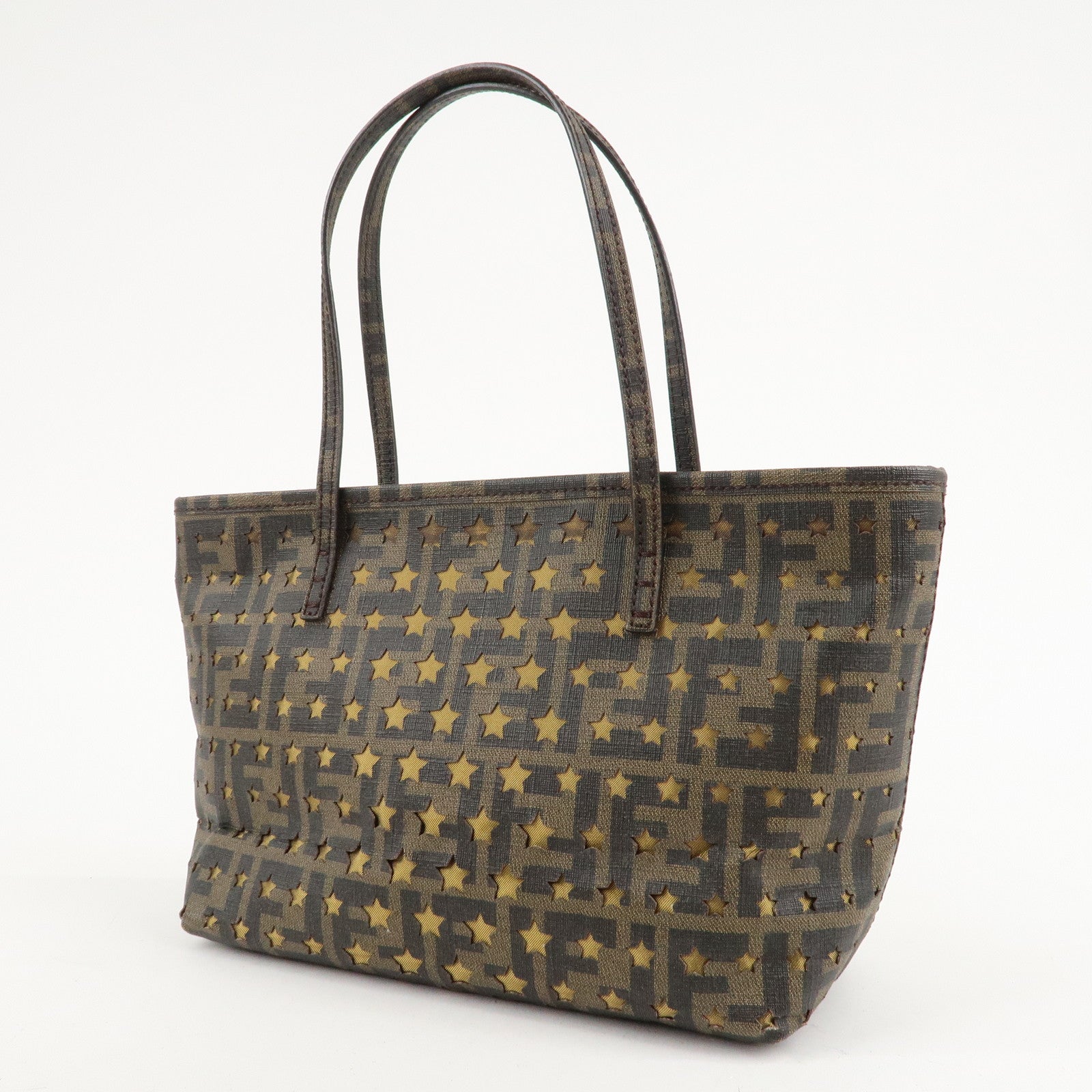 FENDI Zucca PVC Nylon Tote Bag Star Punching Brown Black