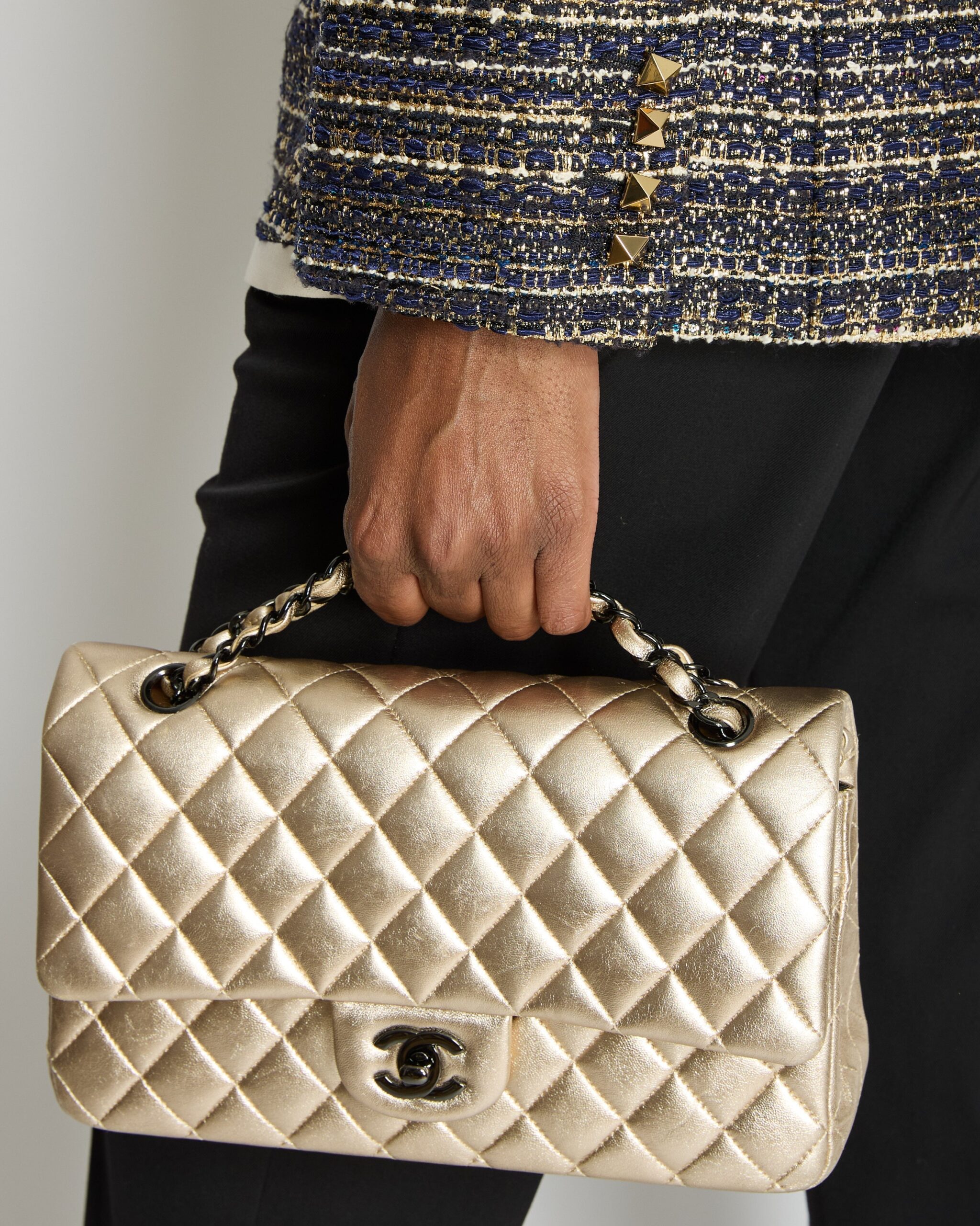 *SUPER RARE* Chanel Metallic Gold Medium Classic Double Flap Bag in Lambskin Leather with Black Hardware
