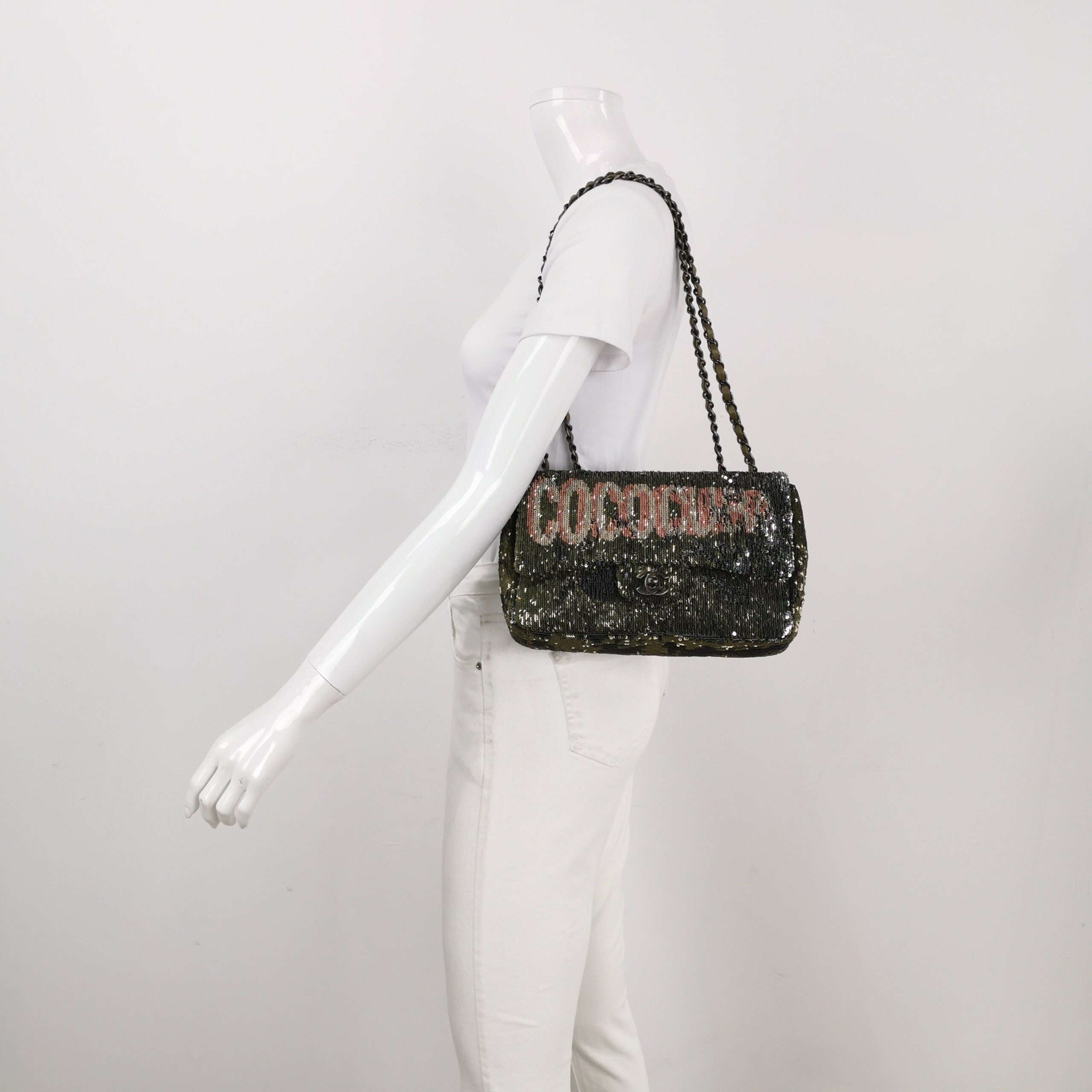 Chanel Coco Cuba Flap Bag Medium Green Khaki Sequins