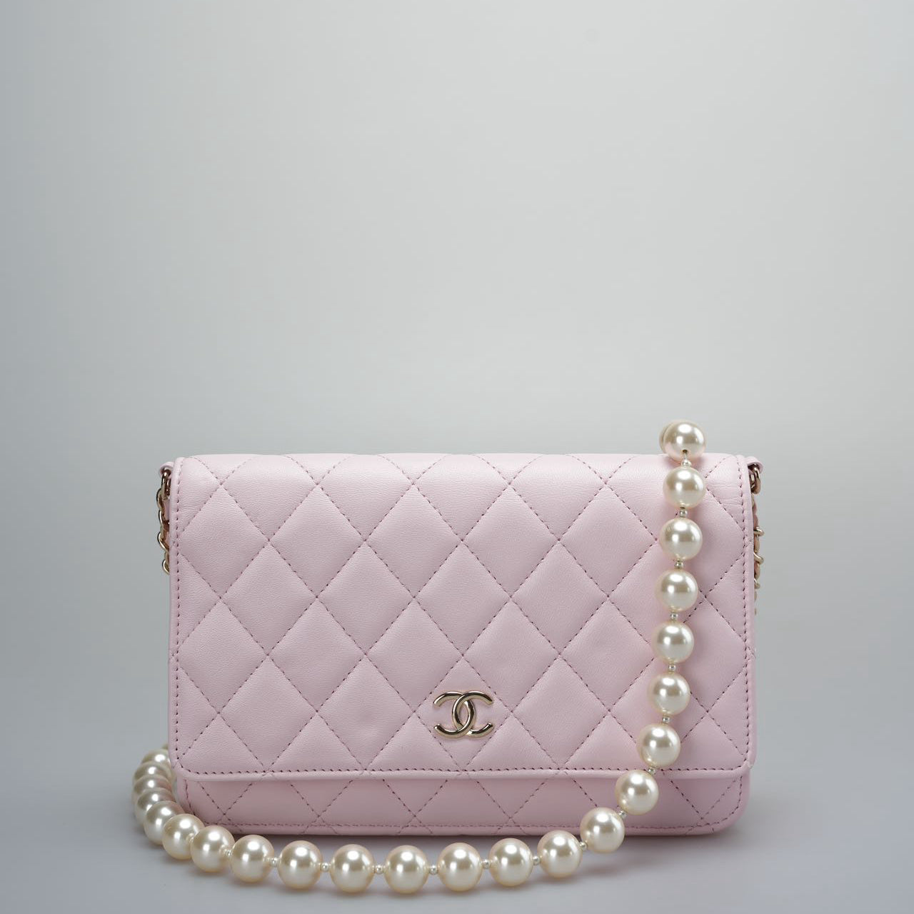 Chanel Pink Quilted Lambskin Pearl Wallet on Chain With Gold Hardware