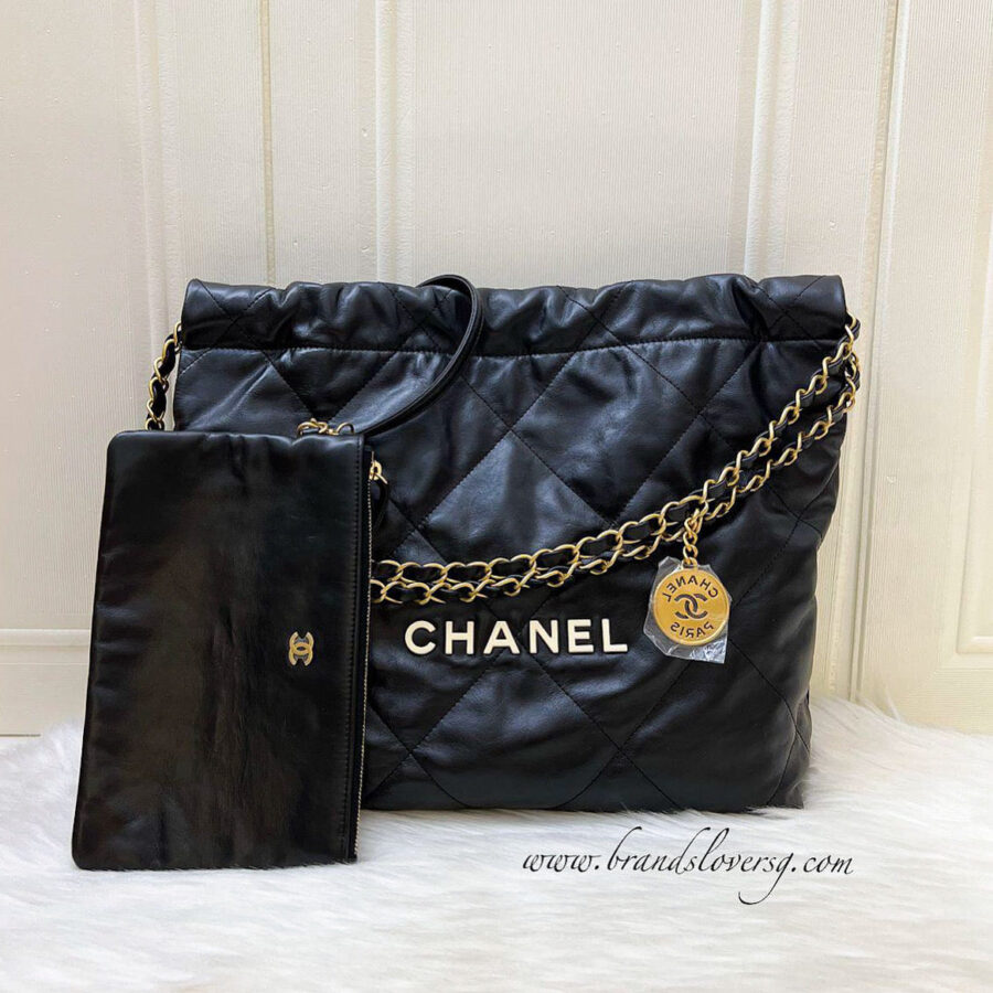 Chanel 22 Small Hobo Bag with White Logo in Black Calfskin and GHW | Studio Nafay