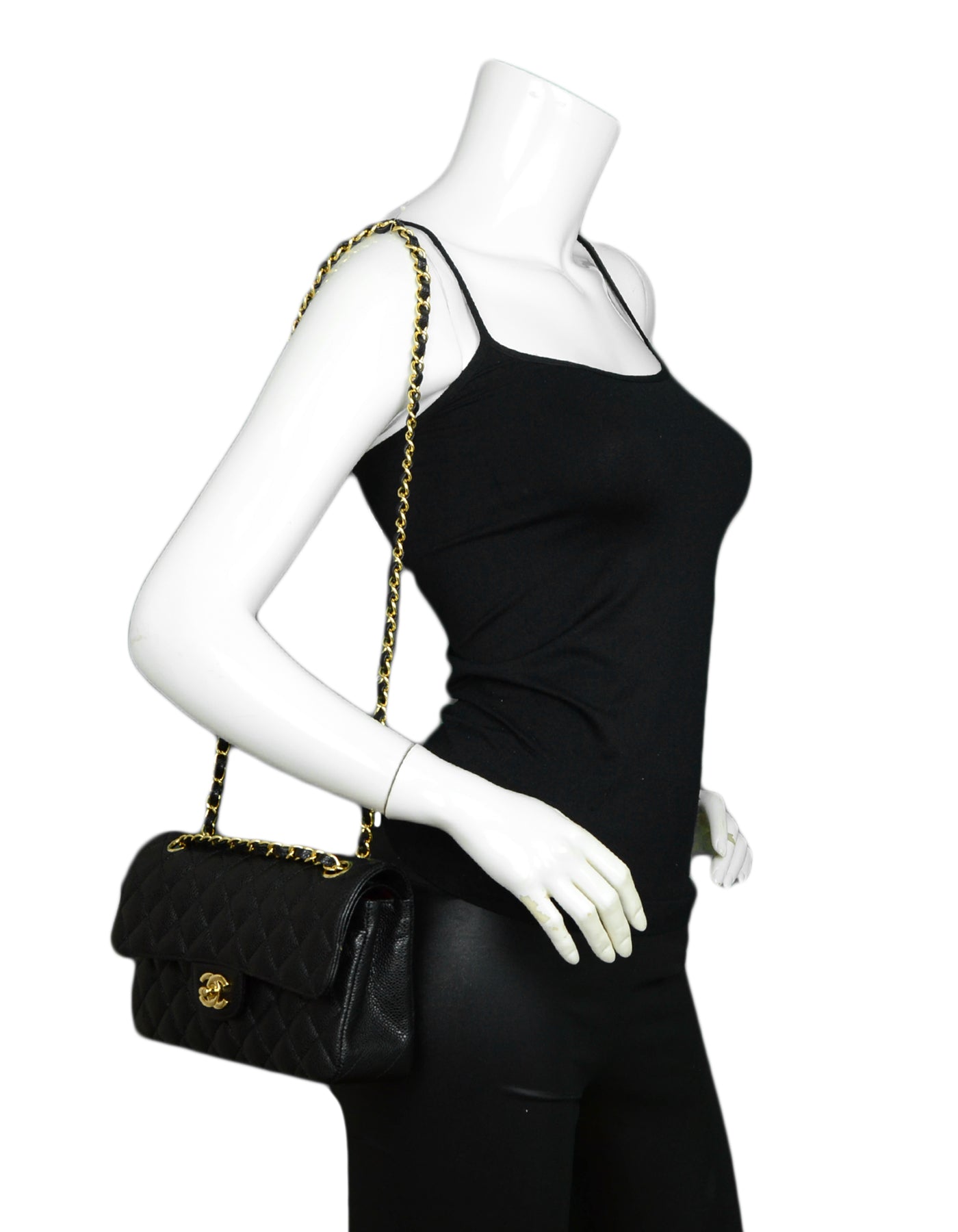 Chanel Black Quilted Caviar Leather 9″ Small Double Flap Classic Bag GHW