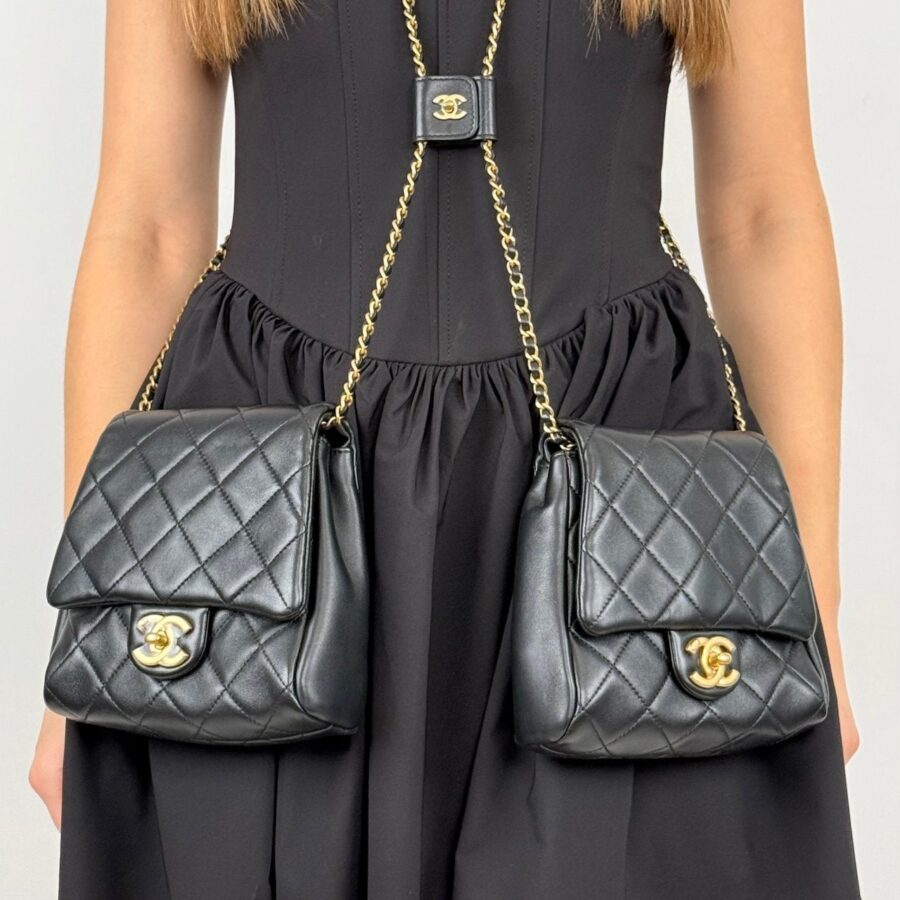 Chanel Lambskin Quilted Side Packs Black small double bag with pearls chain with cc logo | Studio Nafay