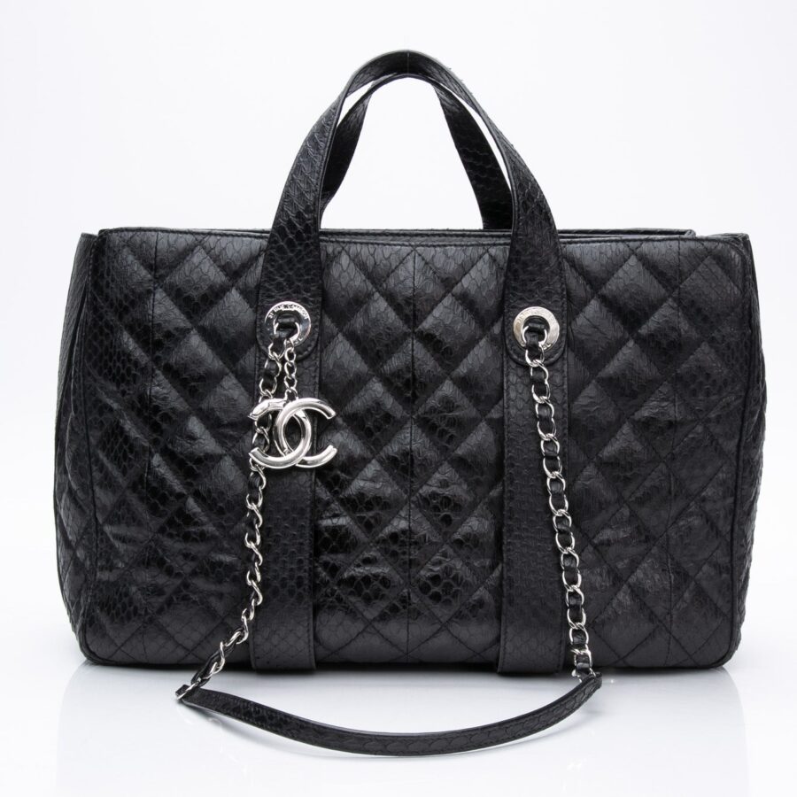 CHANEL Large Black Quilted Leather Python Easy Carry Tote | Studio Nafay