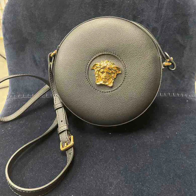 Versace Ladies La Medusa Round Leather Camera Bag, Black Leather | Studio Nafay