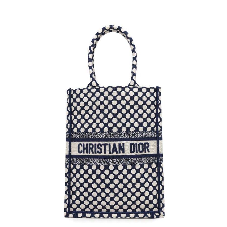 Dior Vertical Book Tote Dot White/Navy Canvas | Studio Nafay