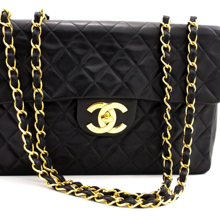 CHANEL Jumbo 13" Maxi 2.55 Flap Chain Shoulder Bag Black Lambskin d68 | Studio Nafay