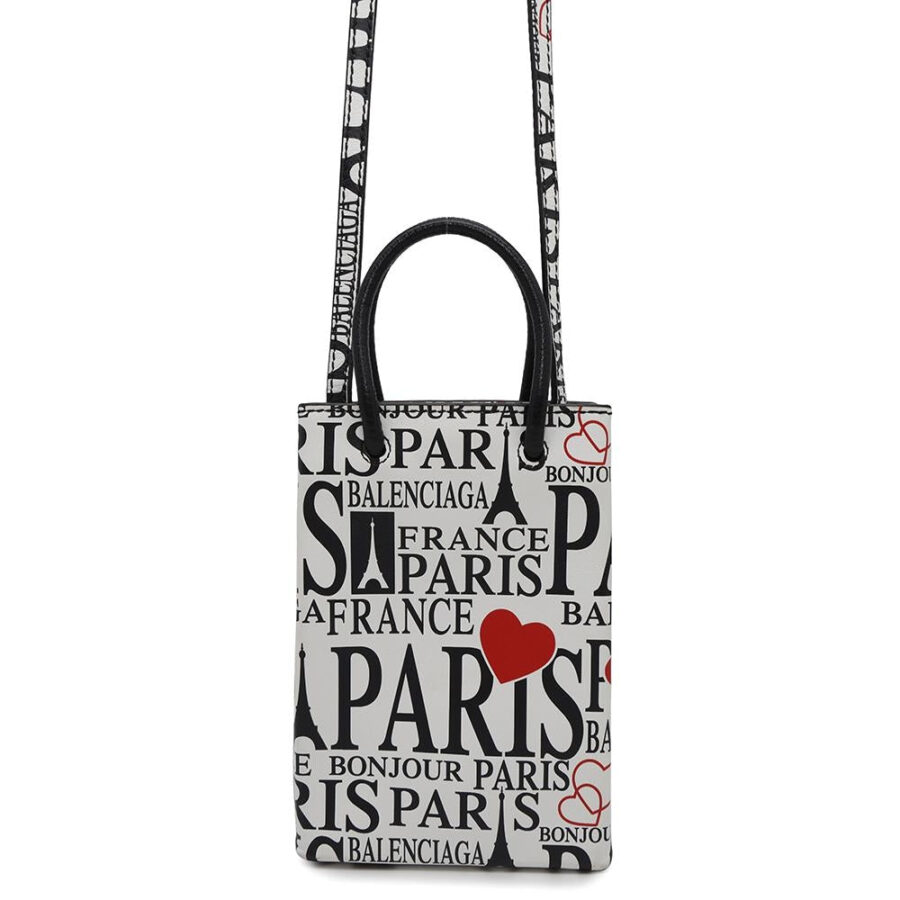 BALENCIAGA Bon Jules Paris Shopping Phone Holder White/Black/Red593826 Leather | Studio Nafay