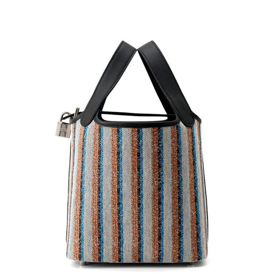 HERMES Picotin Lock Blanket Black /Ecru/Fauve/Blue Zanzibar Toile H Swift Leather Size PM | Studio Nafay