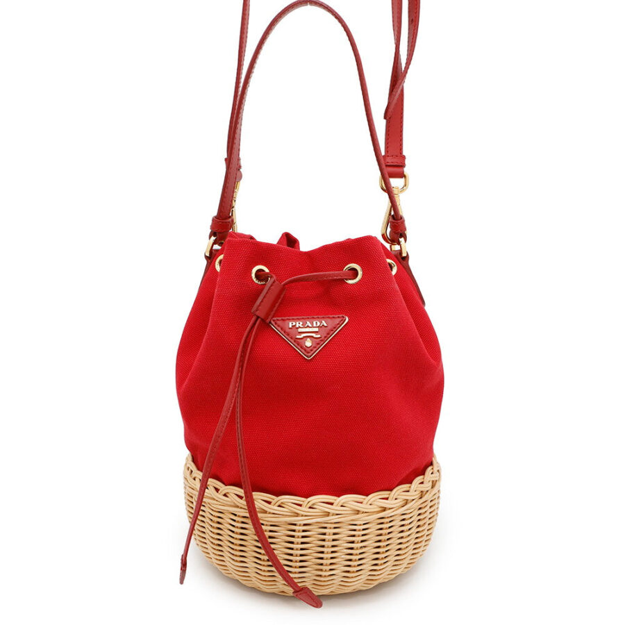PRADA Drawstring bucket bag Red1BH115 Canvas Raffia | Studio Nafay