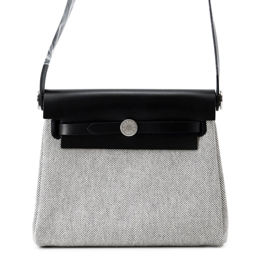HERMES Herbag zip Ecru/Black Toile Military Vache Hunter Leather Size Mini | Studio Nafay