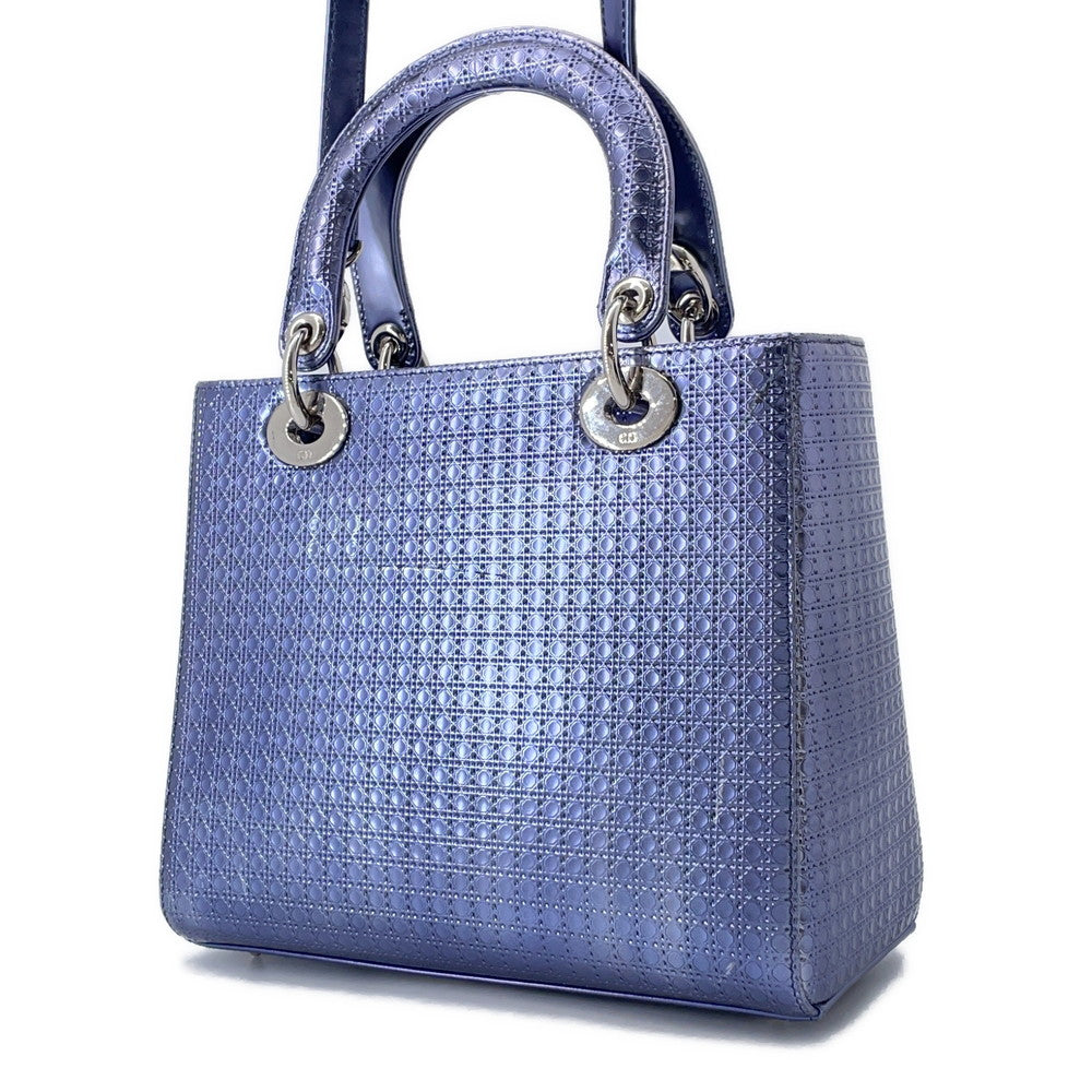 Dior Lady Dior 2WAY Handbag MetalicPurple Leather Size Medium