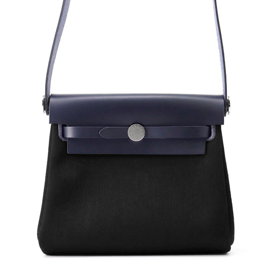 HERMES Herbag zip Blue Indigo/Black Toile Military Vache Hunter Leather Size Mini | Studio Nafay