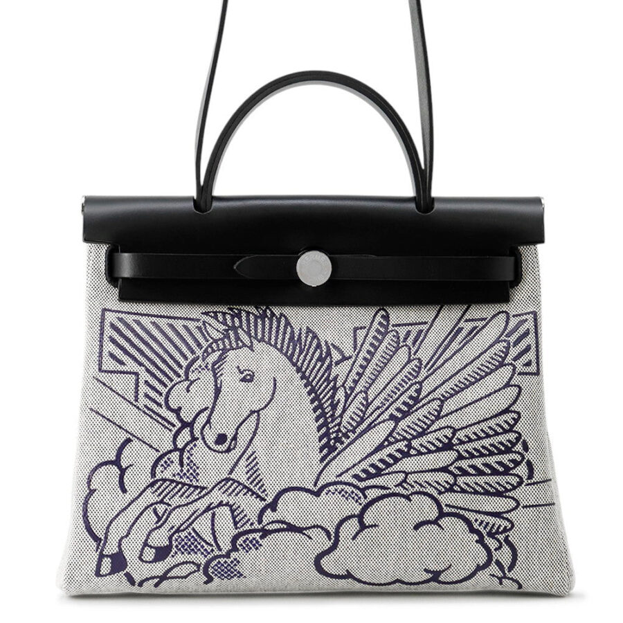 HERMES Herbag Zip Pegasus Pop Black/Blue Indigo/Ecru Toile H Vache Hunter Leather Size PM/31 | Studio Nafay