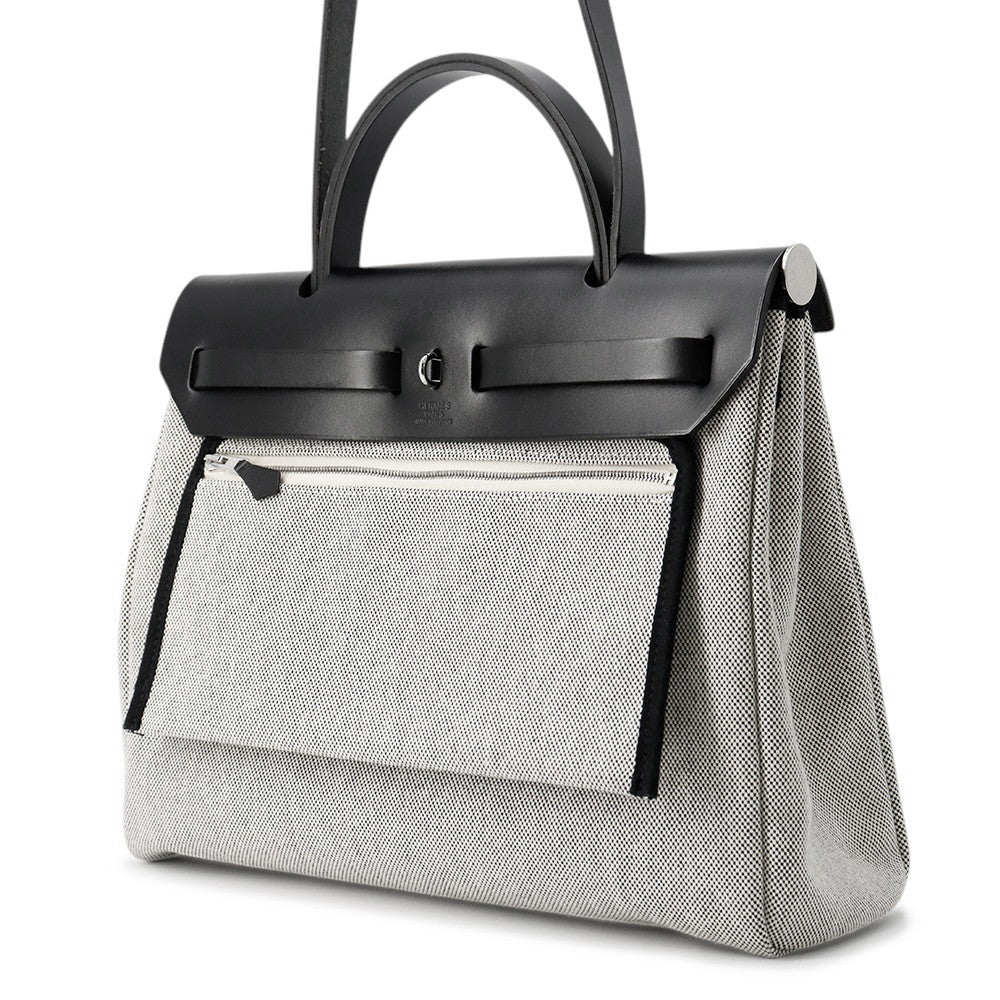HERMES Herbag Zip Pegasus Pop Black/Blue Indigo/Ecru Toile H Vache Hunter Leather Size PM/31