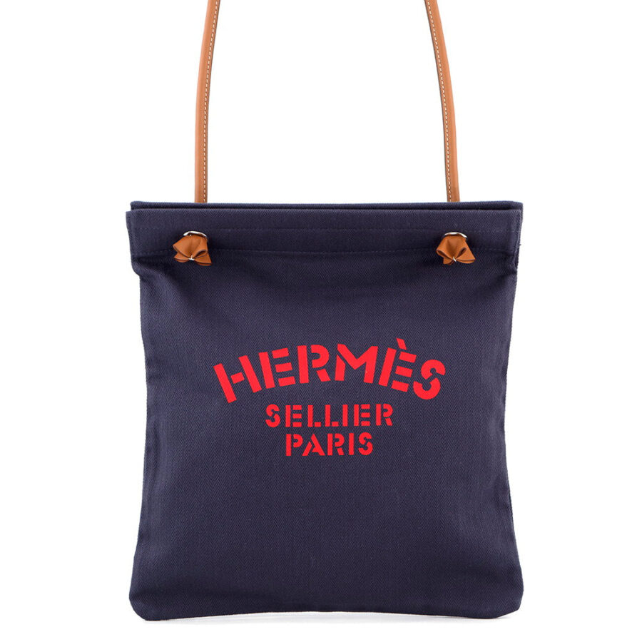 HERMES Sac Aline Blue Indigo/Gold Toile Chevrons Barenia Leather Size MM | Studio Nafay