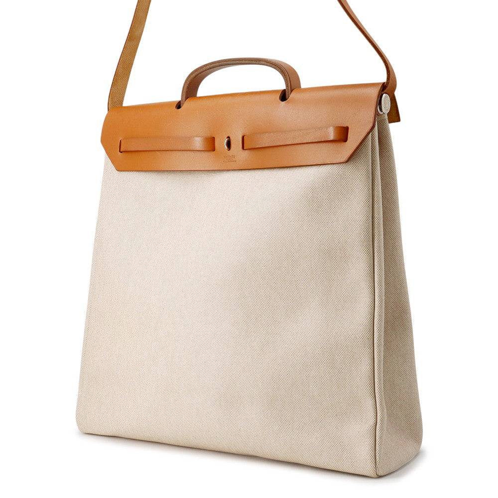HERMES Herbag Natural Toile H Vache Hunter Leather Size MM