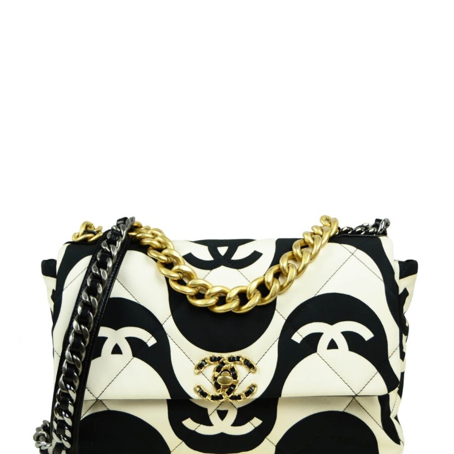 Chanel Black/ Ecru Fabric CC Printed Large 19 Flap Bag | Studio Nafay
