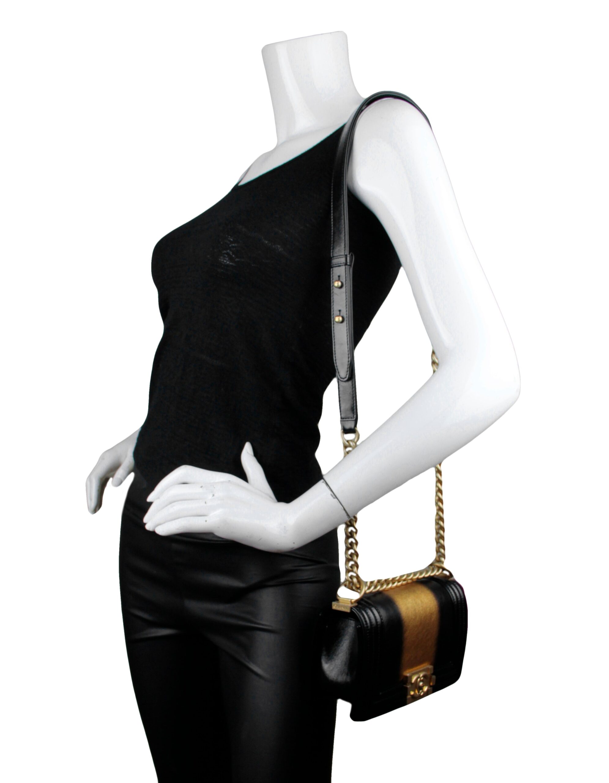 Chanel Calfskin Leather Metallic Black/Gold Small Boy Bag