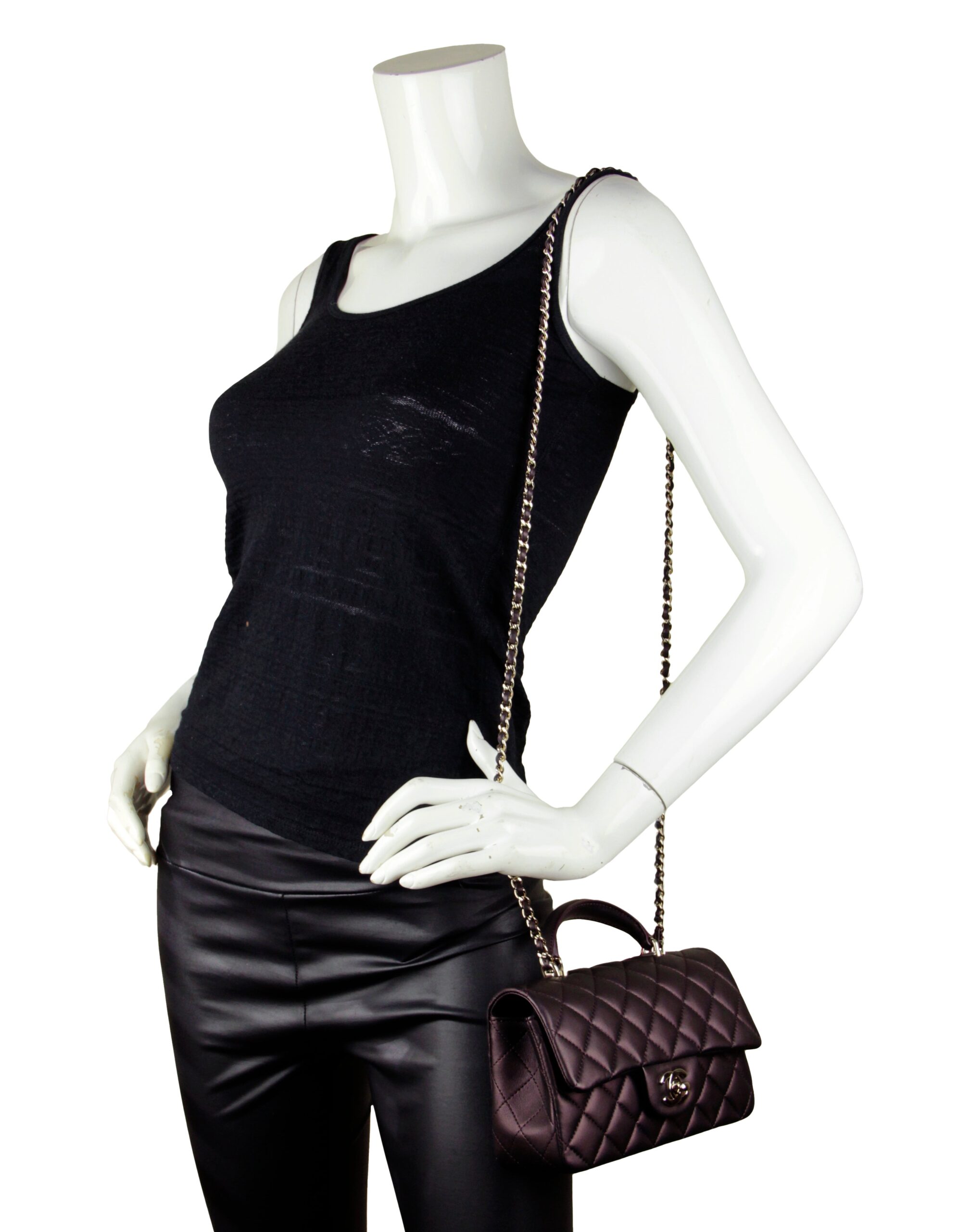 Chanel Iridescent Burgundy Lambskin Quilted Mini Top Handle Rectangular Flap Bag