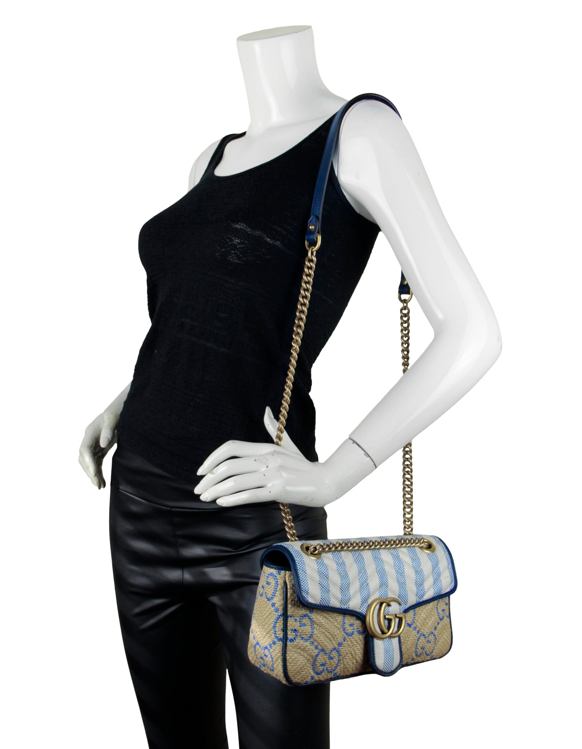 Gucci Blue/ Natural Small Gg Matelasse Marmont 2.0 Raffia Shoulder Bag