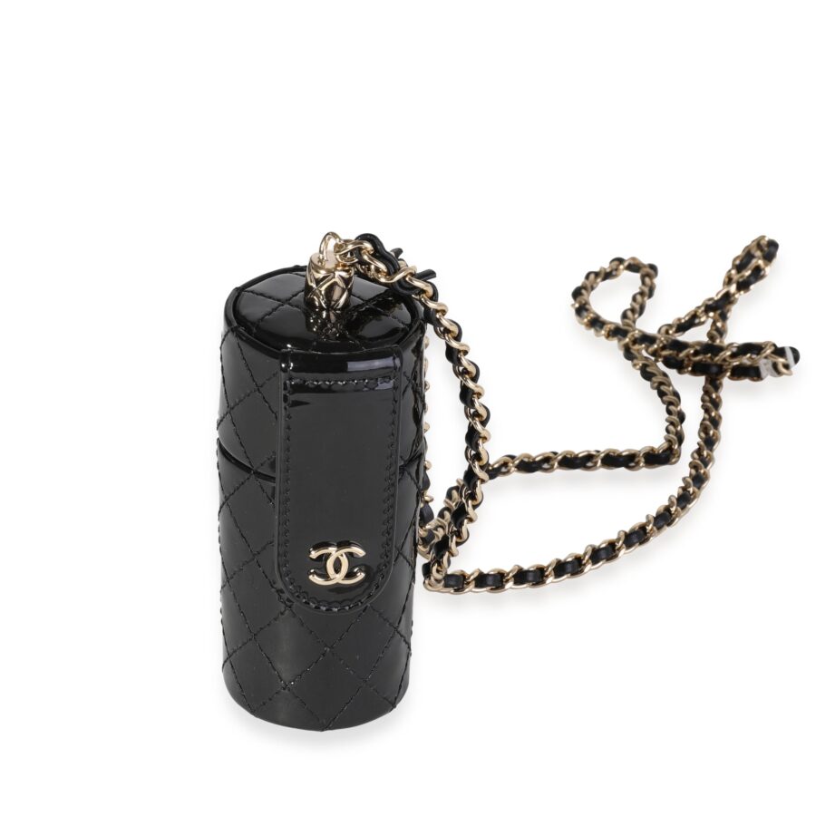 Chanel Black Quilted Patent Leather Lipstick Case On Chain | Studio Nafay