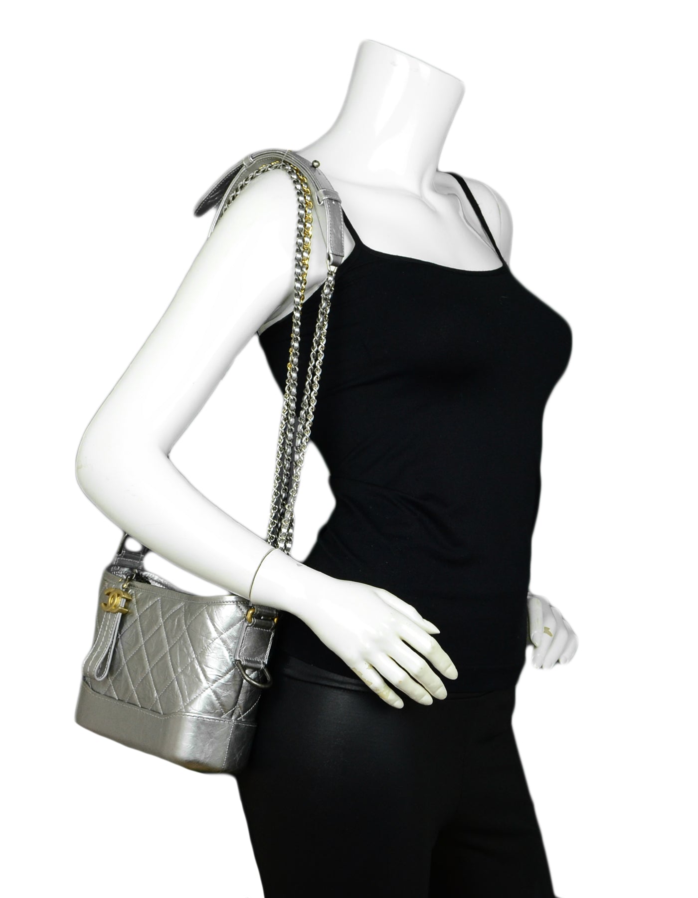 Chanel Silver Metallic Aged Calfskin Quilted Small Gabrielle Hobo Bag
