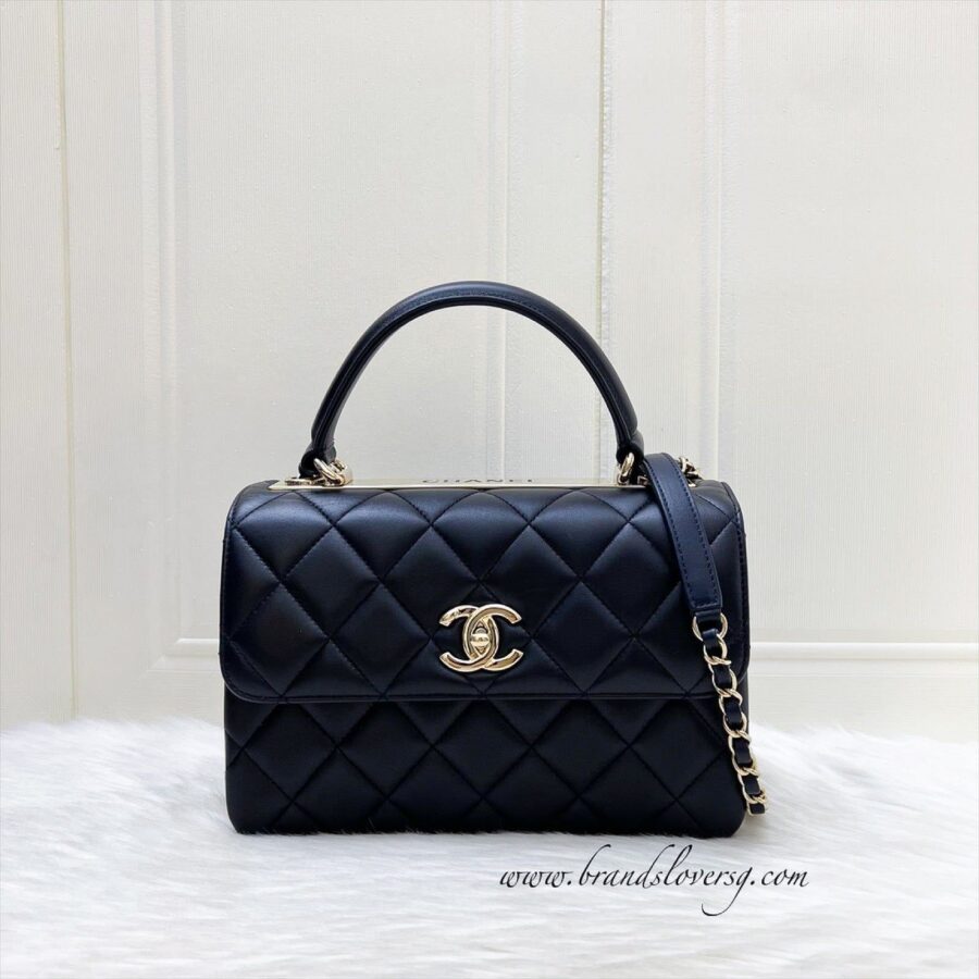 Chanel Small Trendy CC Top Handle Flap in Navy Blue Lambskin and LGHW Handbag | Studio Nafay