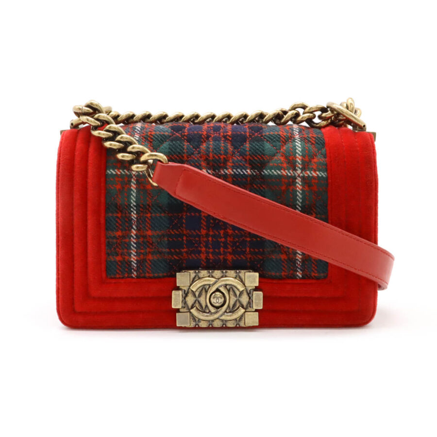 Chanel Velour Matelasse Boy Chanel Check Chain Shoulder Bag Red Green Classic Flap | Studio Nafay