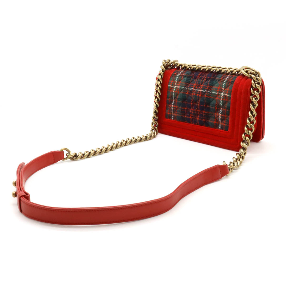 Chanel Velour Matelasse Boy Chanel Check Chain Shoulder Bag Red Green Classic Flap