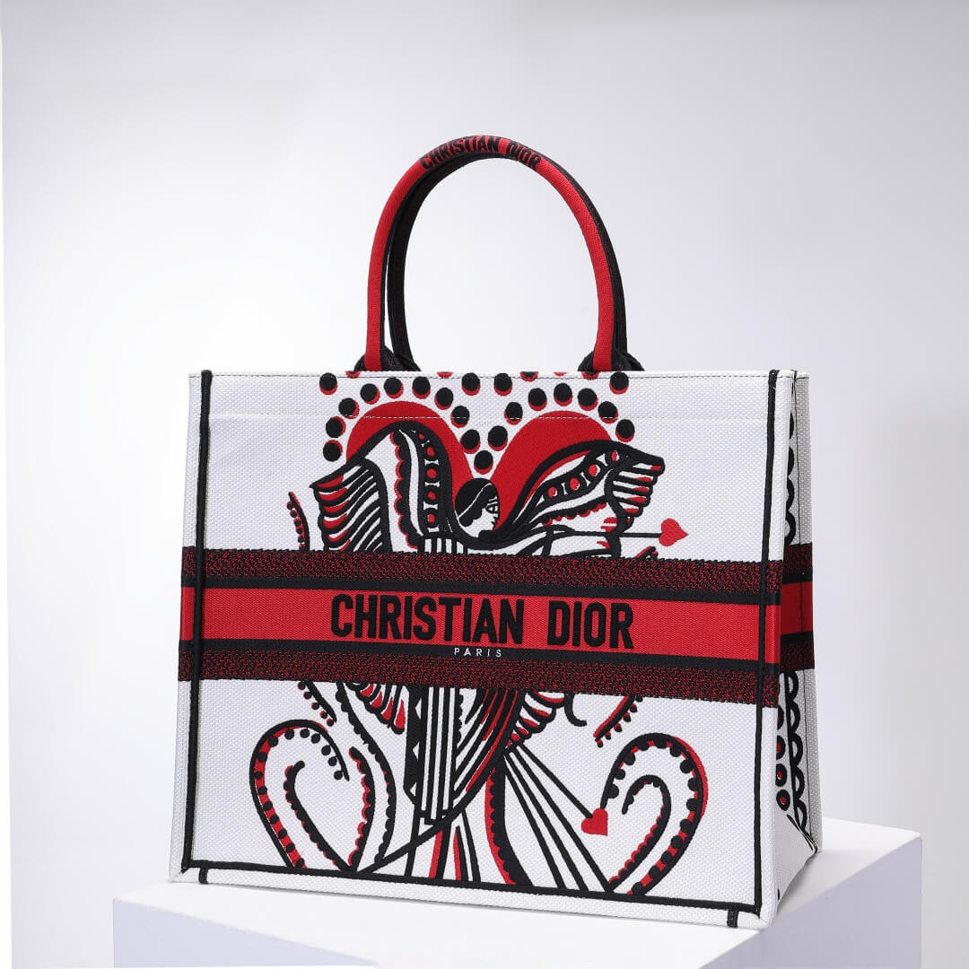 Book Tote big size 36.5cm 41.5cm Oblique Embroidery white red